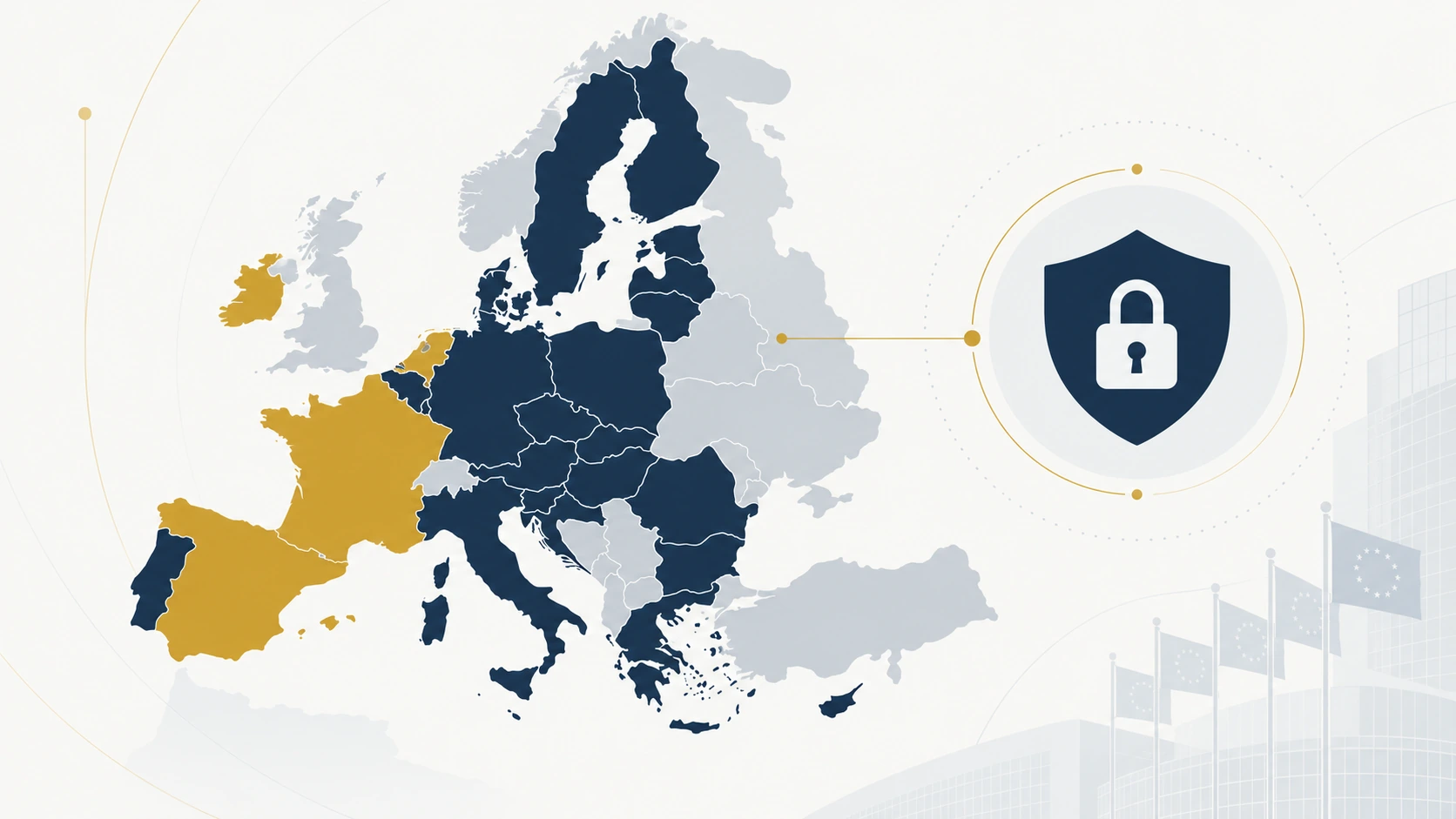 Carte de l’UE mettant en évidence la France, l’Irlande, l’Espagne et les Pays-Bas concernant la transposition de NIS2
